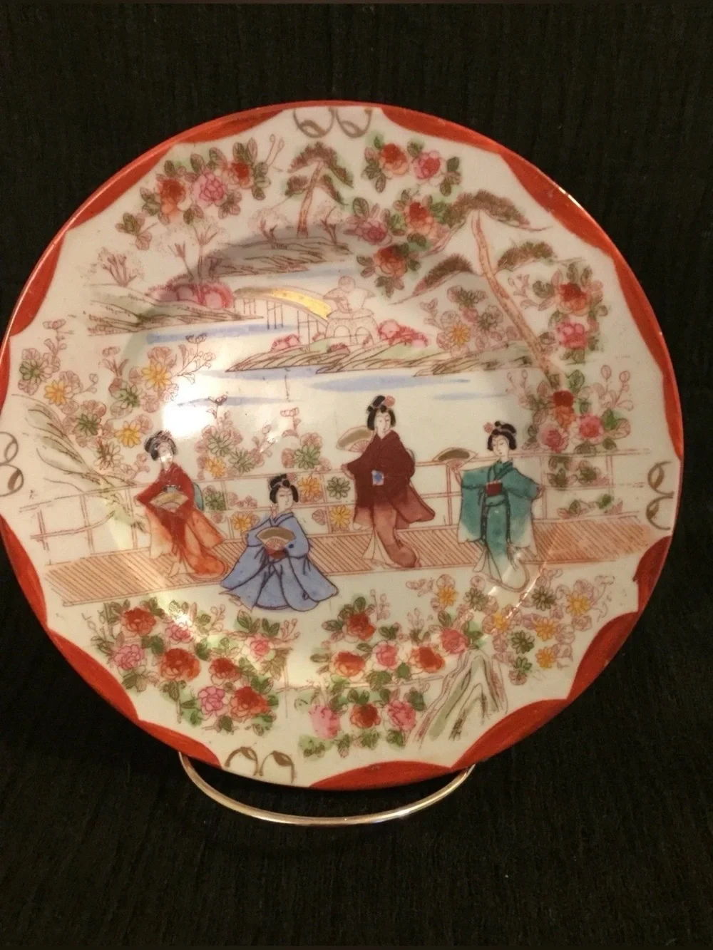 Vintage Decorative Plate with Geisha Scene in Red, Blue, Green